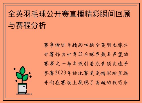 全英羽毛球公开赛直播精彩瞬间回顾与赛程分析