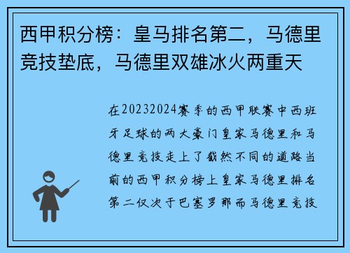 西甲积分榜：皇马排名第二，马德里竞技垫底，马德里双雄冰火两重天