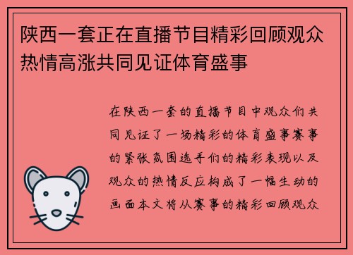 陕西一套正在直播节目精彩回顾观众热情高涨共同见证体育盛事