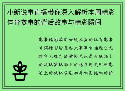 小新说事直播带你深入解析本周精彩体育赛事的背后故事与精彩瞬间