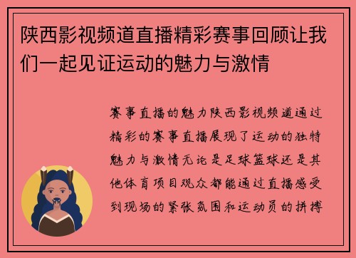 陕西影视频道直播精彩赛事回顾让我们一起见证运动的魅力与激情